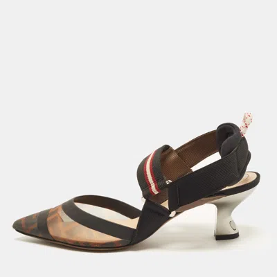 Pre-owned Fendi Colibri Size 37 Black/beige Canvas And Mesh Slingback Pumps