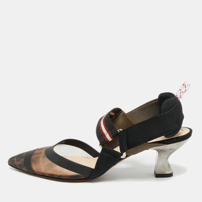 Pre-owned Fendi Colibri Size 37 Black/brown Canvas Mesh And Rubber Slingback Pumps