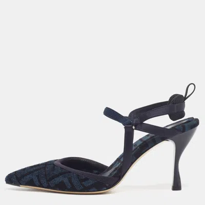 Pre-owned Fendi Colibri Size 37 Blue/black Ff Cotton And Satin Slingback Pumps