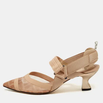 Pre-owned Fendi Colibri Size 37 Cream/beige Canvas And Mesh Slingback Pumps In White