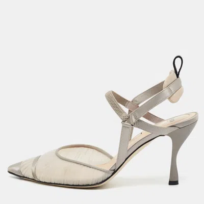 Pre-owned Fendi Colibri Size 37 Grey Lace And Satin Slingback Pumps