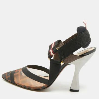 Pre-owned Fendi Colibri Size 37 Multicolor Canvas And Net Slingback Pumps
