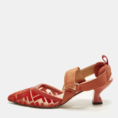 Pre-owned Fendi Colibri Size 37 Red Velvet And Net Slingback Pumps