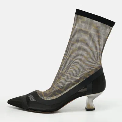 Pre-owned Fendi Colibri Size 37 Two Tone Lace And Mesh Sock Boots In Black