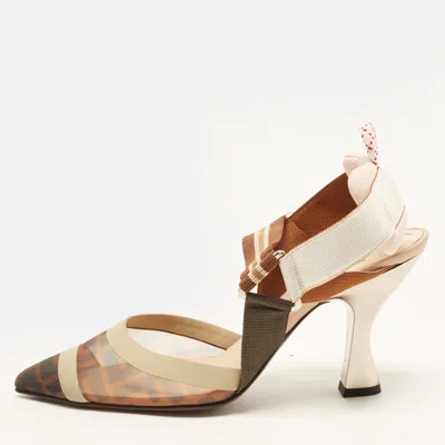 Pre-owned Fendi Colibri Size 38 Black/beige Canvas And Mesh Slingback Pumps