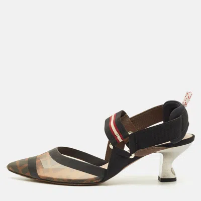 Pre-owned Fendi Colibri Size 38 Black/brown Zucca Mesh Slingback Pumps