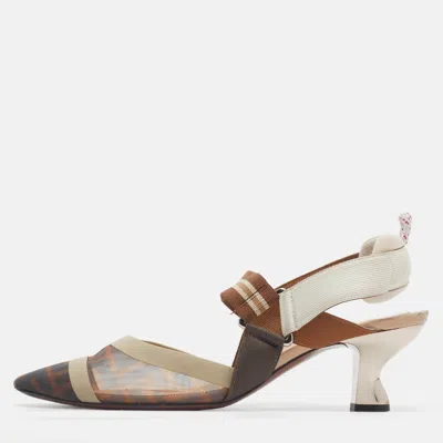 Pre-owned Fendi Colibri Size 38 Multicolor Canvas And Mesh Slingback Pumps
