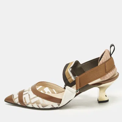 Pre-owned Fendi Colibri Size 38 Zucca Brown/white Leather And Pvc Slingback Pumps