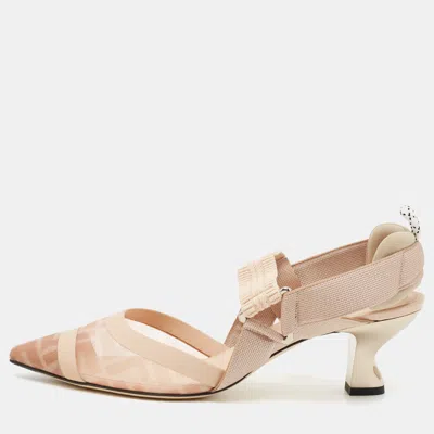 Pre-owned Fendi Colibri Size 38.5 Beige/cream Leather And Mesh Slingback Pumps In Sand