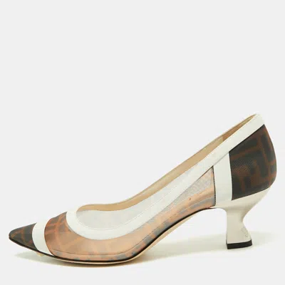 Pre-owned Fendi Colibri Size 38.5 Brown/white Zucca Mesh And Leather Pointed Toe Pumps