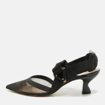 Pre-owned Fendi Colibri Size 39 Black Canvas And Net Slingback Pumps