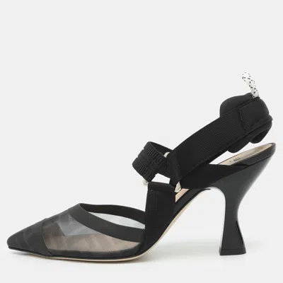 Pre-owned Fendi Colibri Size 39 Black Zucca Mesh And Leather Slingback Sandals