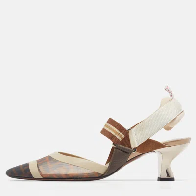 Pre-owned Fendi Colibri Size 39.5 Tricolor Canvas And Mesh Slingback Sandals