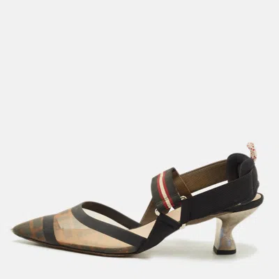 Pre-owned Fendi Colibri Size 40 Black/brown Canvas And Ff Mesh Slingback Pumps