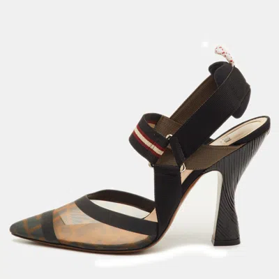 Pre-owned Fendi Colibri Size 40 Brown/black Zucca Mesh And Fabric Pointed Toe Slingback Pumps