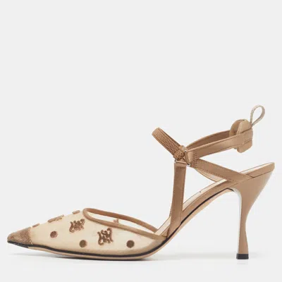 Pre-owned Fendi Colibri Size 41 Beige/brown Net And Velvet Block Heel Slingback Pumps In Sand