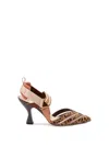 Fendi High-heeled Mesh And Multicolor Cavallino Calfskin Slingbacks In Brown