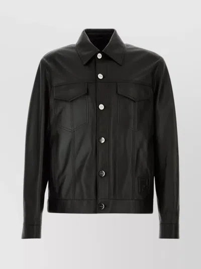 FENDI COLLARED LEATHER JACKET FRONT POCKETS LONG SLEEVES