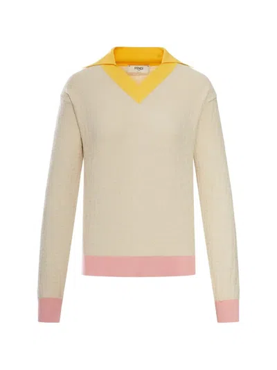 Fendi Knitwear Long Sleeves V Neck Contrasting Collar In Neutral