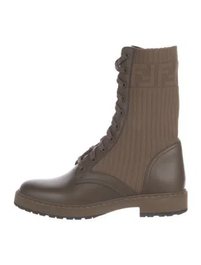 Pre-owned Fendi Colorblock Pattern Leather Trim Embellishment Combat Boots In Brown