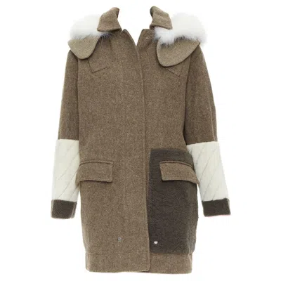 Pre-owned Fendi Colorblocked Brown Wool Patchwork Fur Hooded Parka Coat It38 Xs