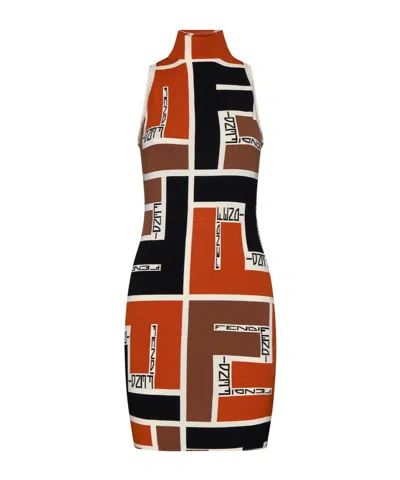 FENDI FENDI FF PRINTED HIGH-NECK SLEEVELESS MINI DRESS