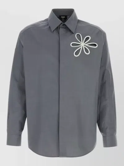 Fendi Comfort Cotton Shirt Bloom Embroidered Detail In Gray