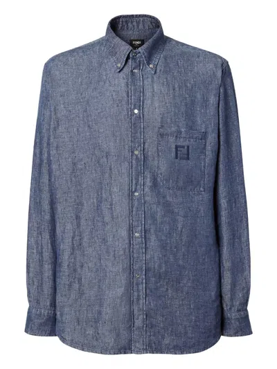 Fendi Comfort Fit Chambray Shirt Ff Embroidery In Blue