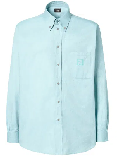Fendi Oxford Cotton Shirt With Ff Embroidery Clothing In Blue