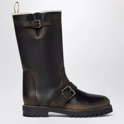 Fendi Commando Boots In Calfskin With Shearling Lining And Utility Hardware In Black