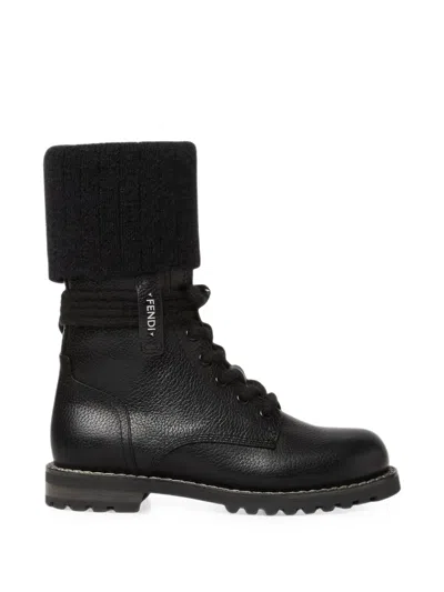 FENDI COMMANDO MOHAIR-CUFF LEATHER BOOTS