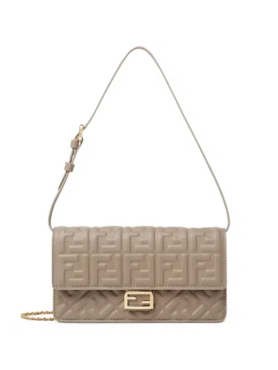 Fendi Wallet On Chain Baguette In Nappa Leather With Ff Motif In Brown