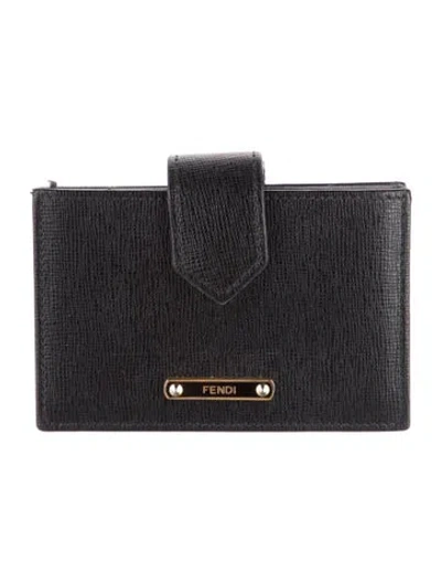 Pre-owned Fendi Compact Card Case Saffiano Leather Continental Wallet In Black