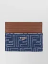 Fendi Blue Denim Effect Ff Jacquard Card Holder And Brown Leather Men In Blue