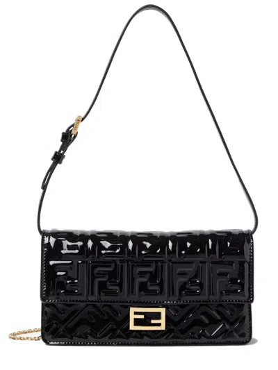 Fendi Compact Mini Baguette Wallet With Flap And Ff Clasp - W 21 X H 11.5 X D 5 Cm In Black
