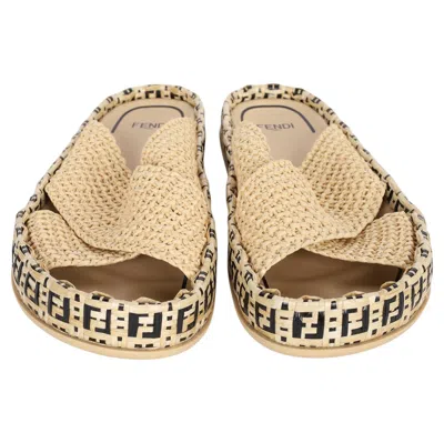 Pre-owned Fendi Contemporary Zucca Ff Logo Raffia Mules Size 40 Beige Slides In Brown