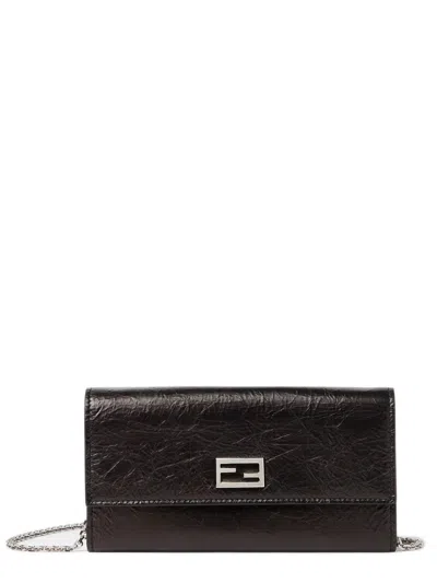 Fendi Continental Tube Wallet With Front Flap, Metal Ff Baguette Logo & Removable Chain Strap In Nero