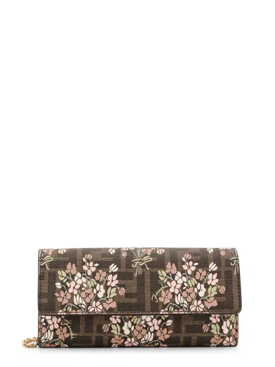 Fendi Flower Bouquet Ff Fabric Wallet With Chain Accessories In Brown