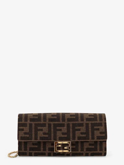 Fendi Continental With Chain Baguette Ff Jacquard Fabric Shoulder Bag In Brown