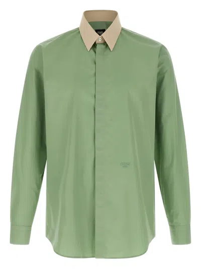 Fendi Contrast-collar Logo-embroidered Shirt In Green