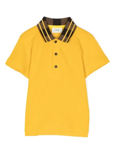 Fendi Kids' Contrast Logo-collared Polo Shirt In Yellow