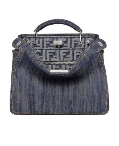 Fendi Contrast-stitching Denim Tote Bag In Blue