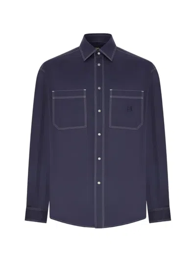 Fendi Contrast-stitch Logo-patch Shirt In Blue
