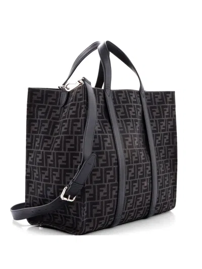 Pre-owned Fendi Convertible Open Zucca Jacquard Fabric And Leather Large Tote Bag In Black