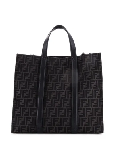 Pre-owned Fendi Convertible Open Zucca Jacquard Fabric And Leather Large Tote Bag In Black