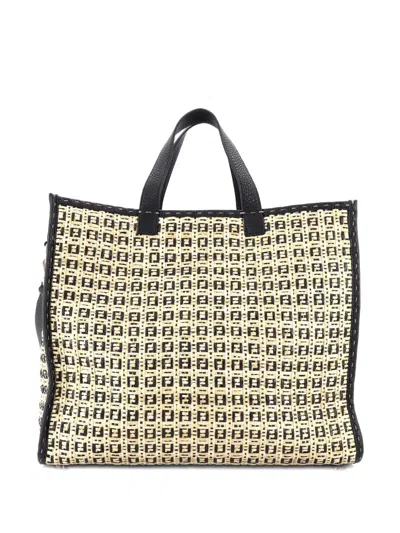 Pre-owned Fendi Convertible Shopper Zucchino Woven Raffia Large Tote Bag In Black