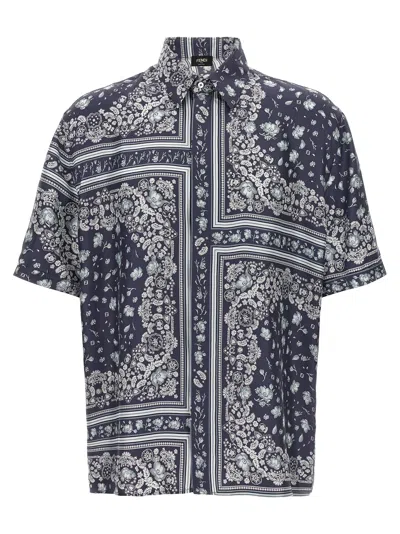 Fendi Men Blue Shirt With All-over Bandana Print In Silk Man