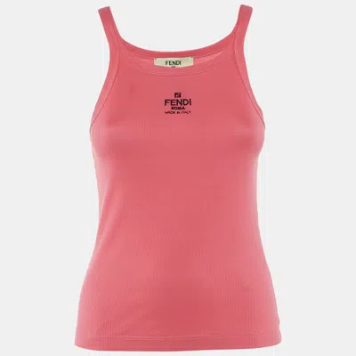 Pre-owned Fendi Coral Pink Logo Embroidered Rib Knit Tank Top S