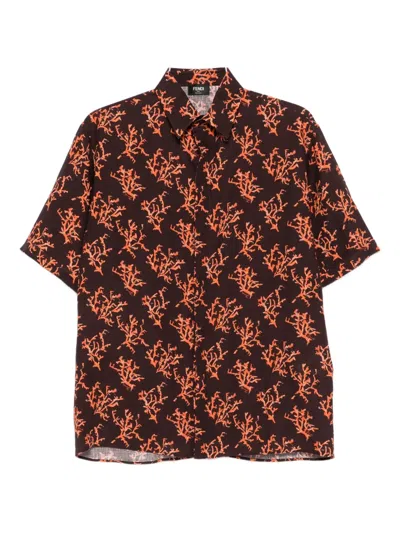 Fendi Coral-print Linen Shirt In Brown