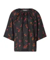 Fendi Floral Print Linen Top With Wide Sleeves In Black